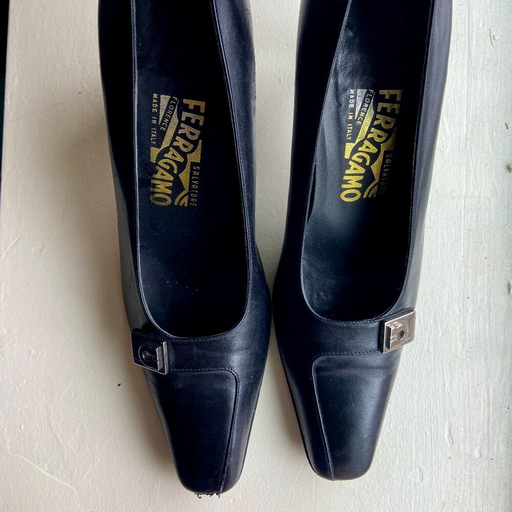 Black Vintage Salvatore Ferragamo Kitten Heels with Silver Emblem